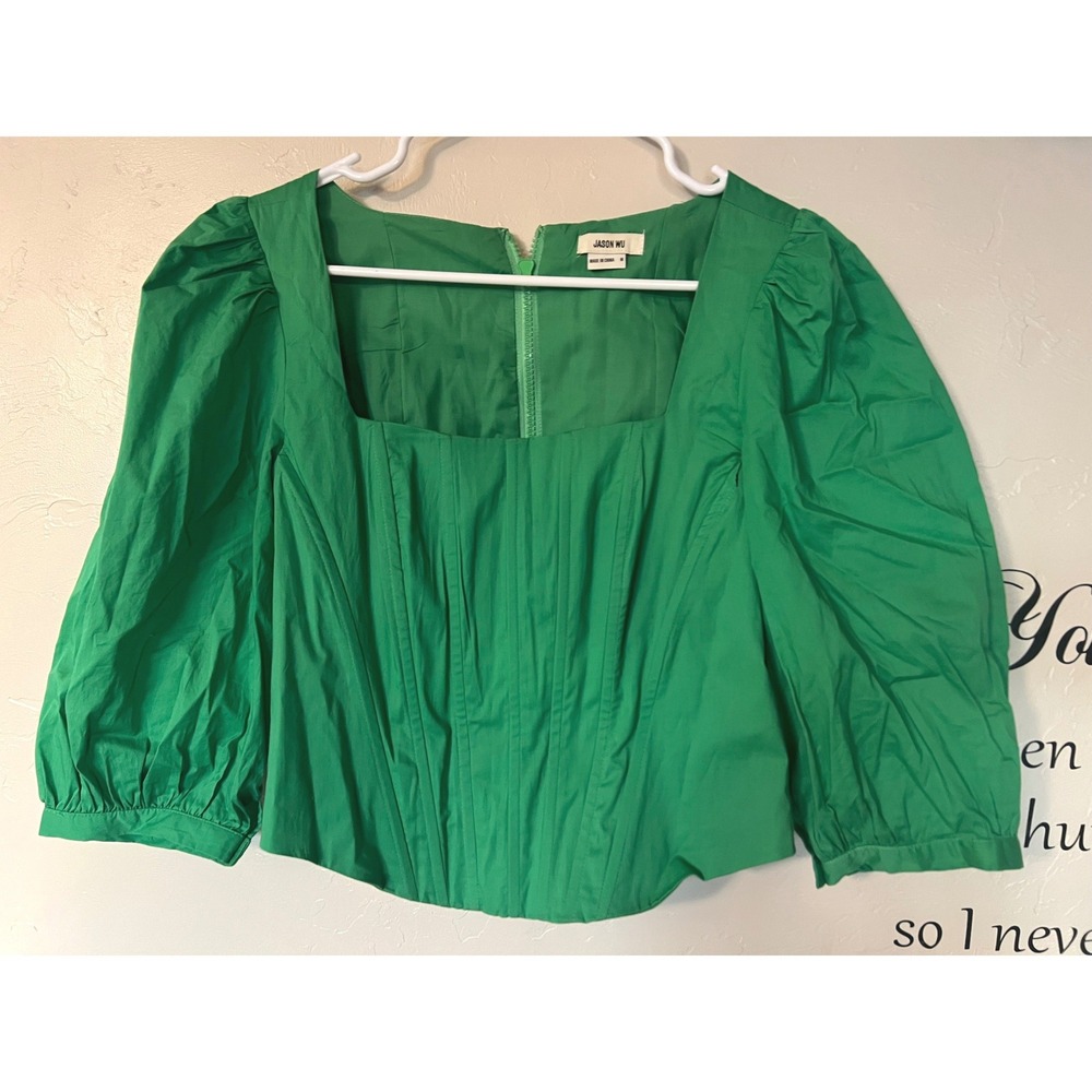 Jason Wu Green Corset Peasant Puff Sleeve Square Neck Top Womens Size M